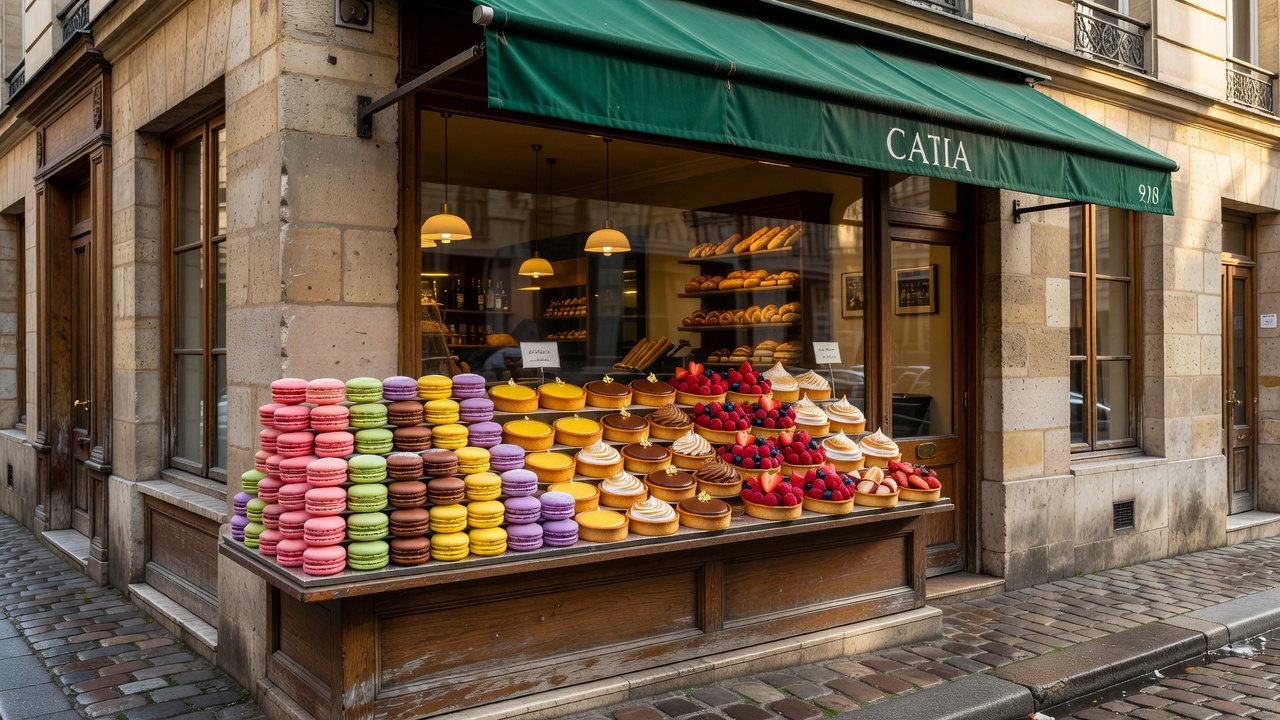Beautiful Paris bakery shopfront display with delicate french macarons and tarts
