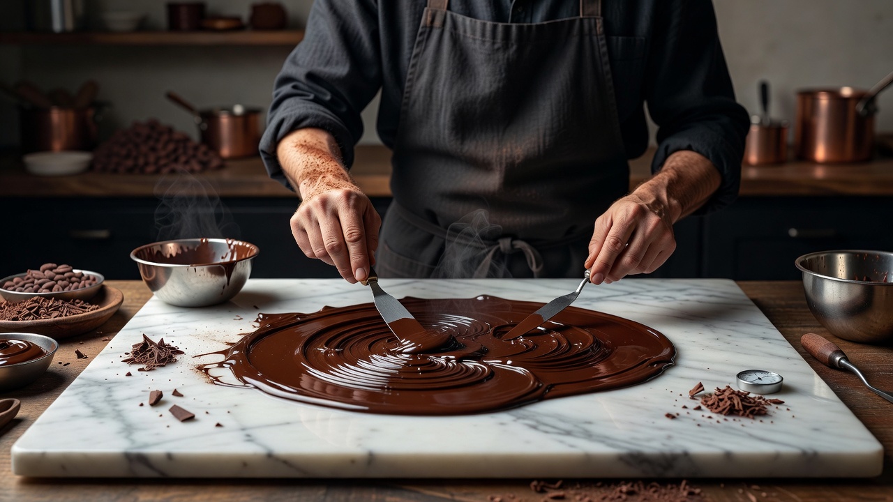 Chocolatier working with rich melted dark chocolate on white marble slab