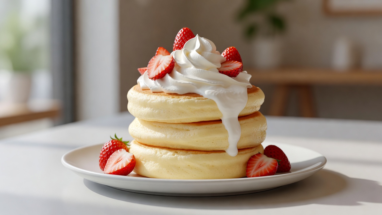 Fluffy Japanese soufflé pancakes served with whipped cream and fresh strawberries