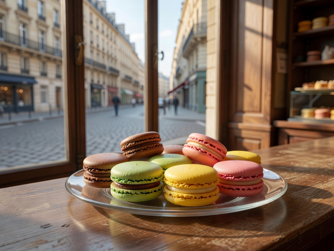 French macarons on glass plate in Paris bakery