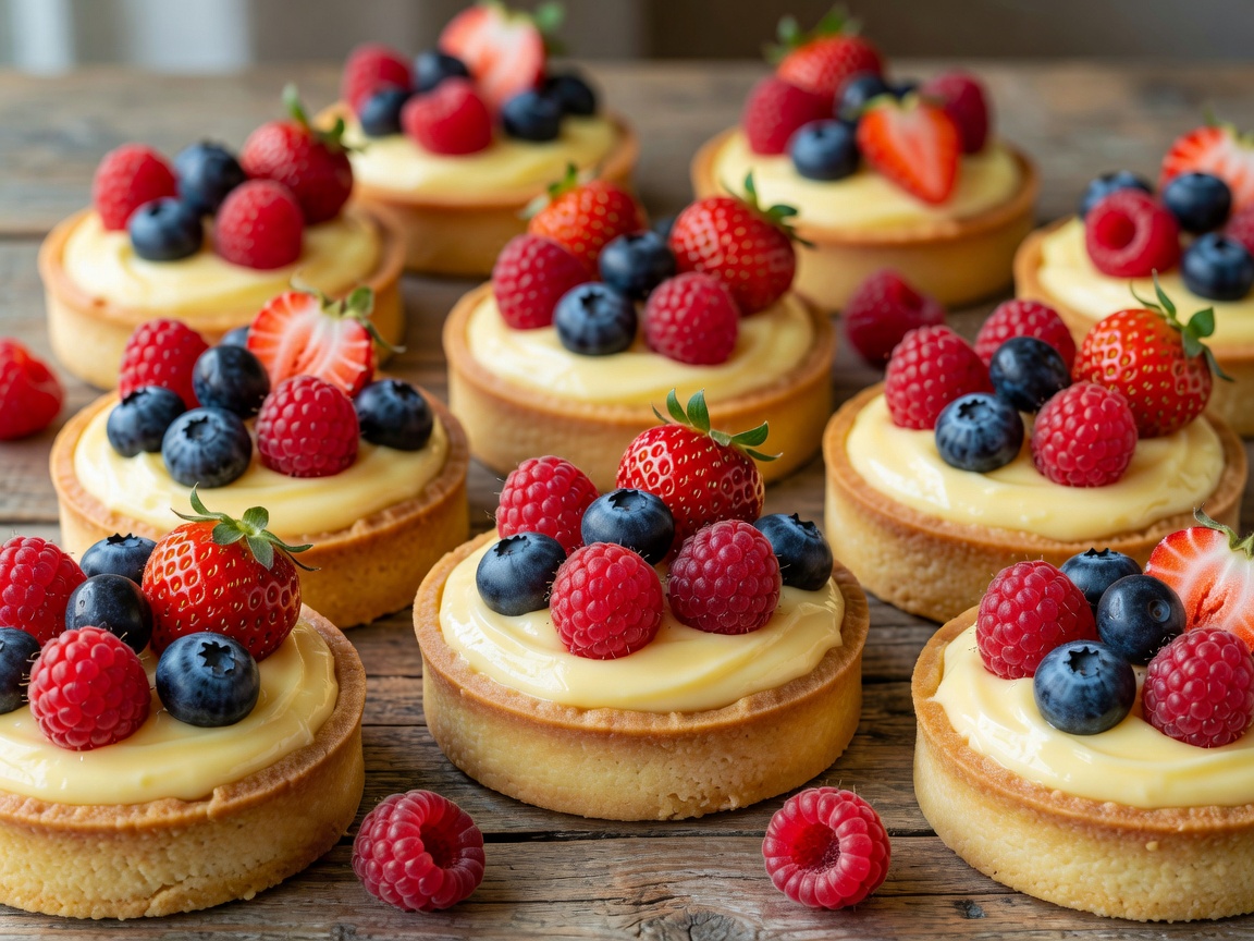 Fresh summer fruit tarts decorated with glossy berries and custard cream