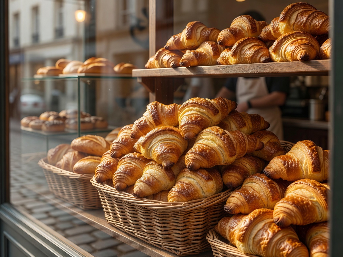 Golden brown butter croissants in French bakery window