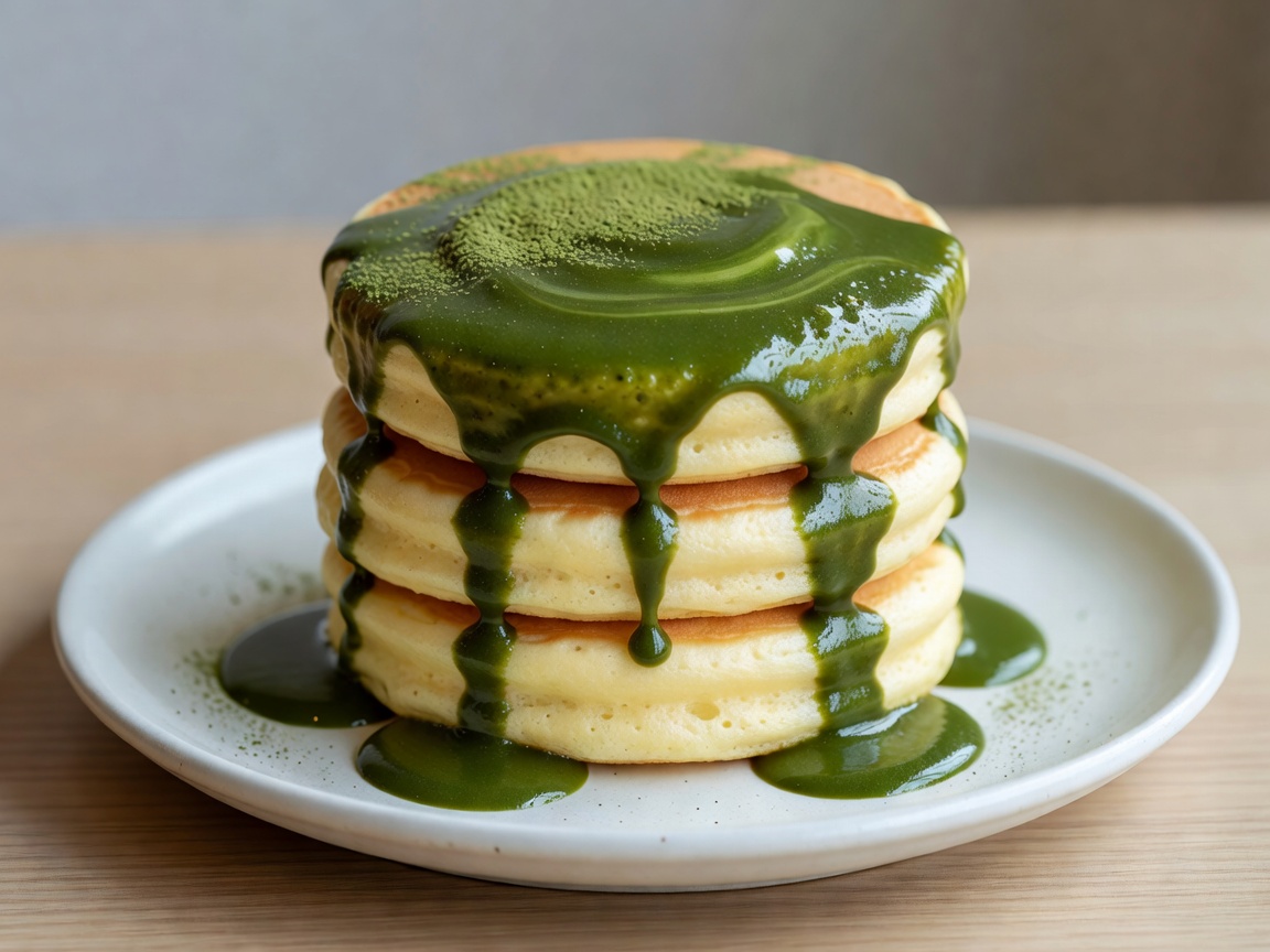 Japanese fluffy souvenir pancakes with green tea matcha sauce