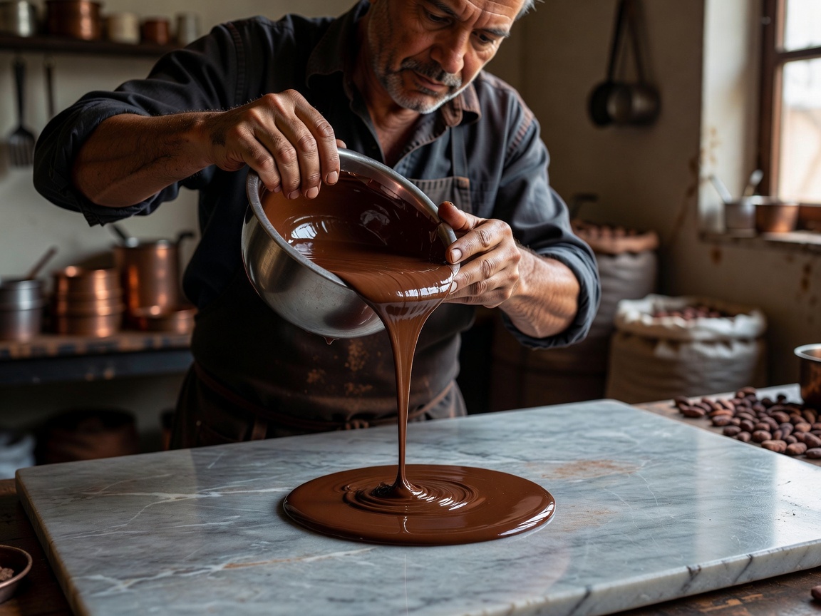 Master chocolatier pouring glossy chocolate onto marble slab