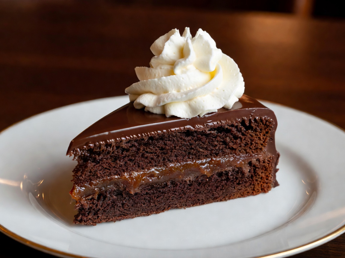 Rich chocolate cake Sachertorte topped with whipped cream