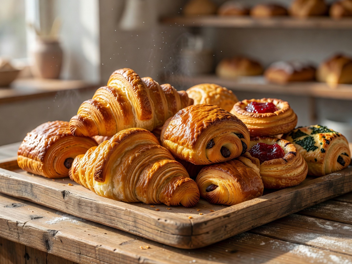 Selection of fresh artisan pastries and golden croissants on wooden tray